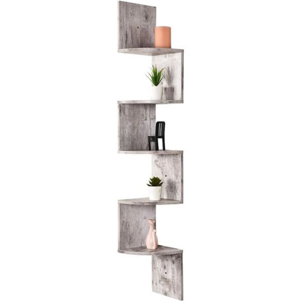 5-Tier Floating Corner Shelves, Wall Organizer Storage, (Rustic White )